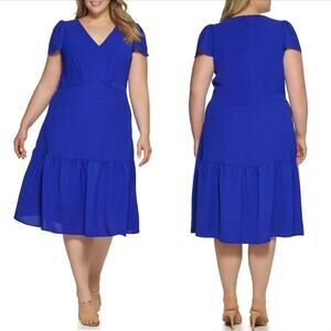 NWT $139 DKNY Soft V Neck Tiered Midi Dress Blue Plus Size 20W